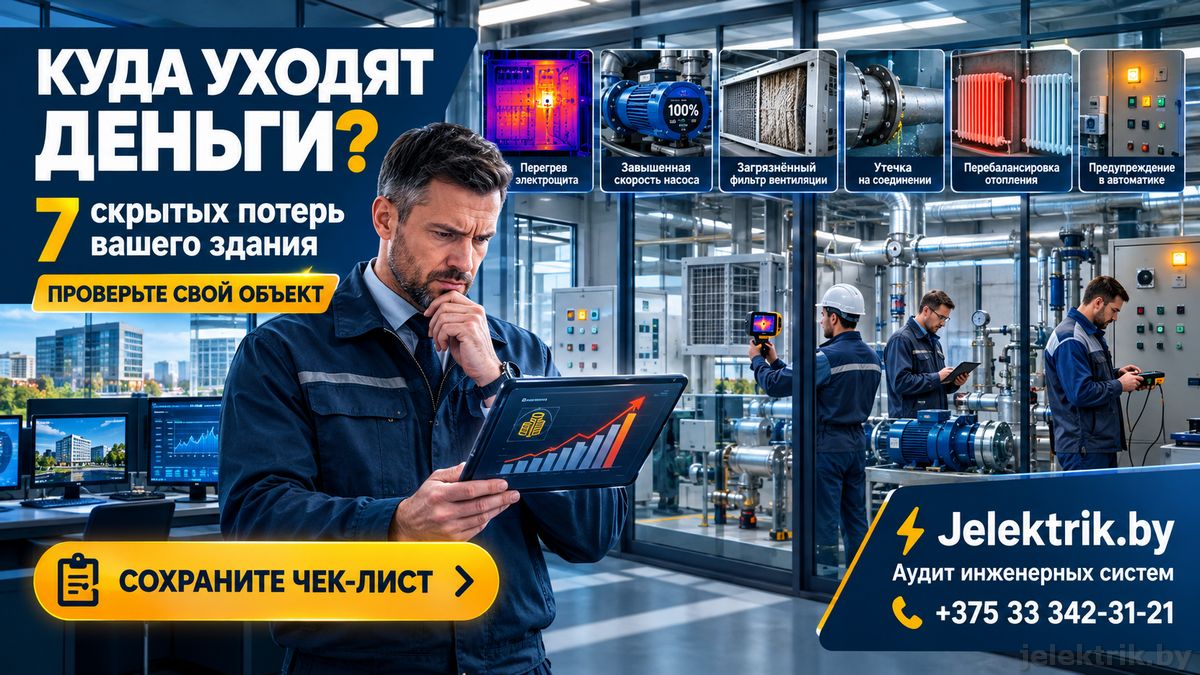 Инженер проверяет тепловизором инженерные системы коммерческого здания для поиска скрытых расходов